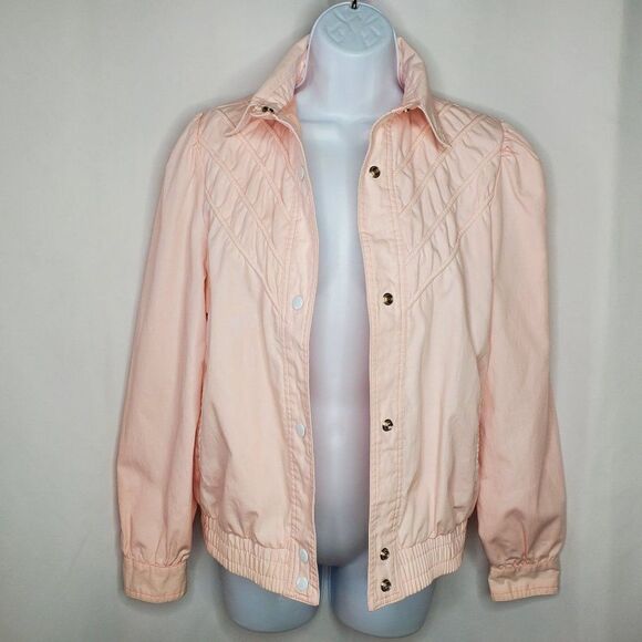 Vintage 80s Baby Pink Jacket Cotton Blend Sz S Snap Closure Gathered Shoulders - Picture 8 of 11